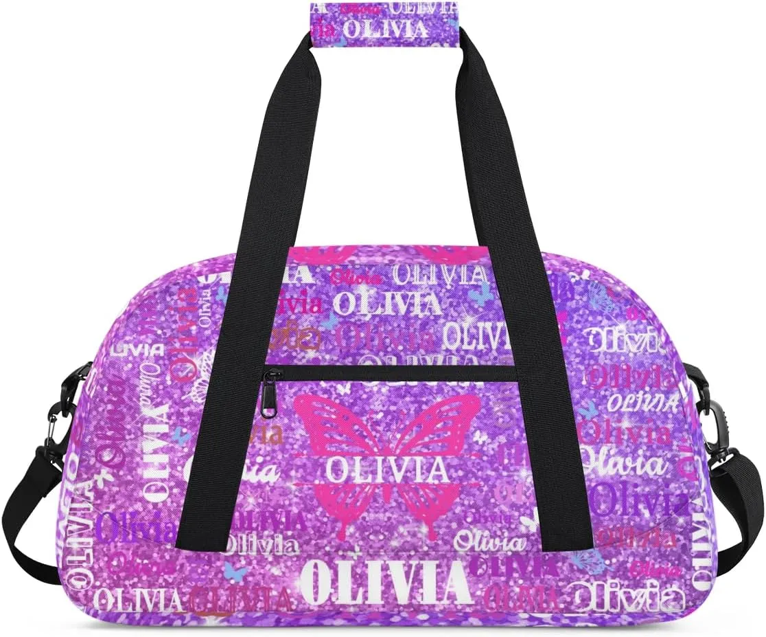 Personalized Dance Bag with Butterfly and Names, Cheerleader Bag Gym Sport Duffel Bag Weekender Bags Travel Duffel Bag, Shiny Stars Lavender Purple Glittering