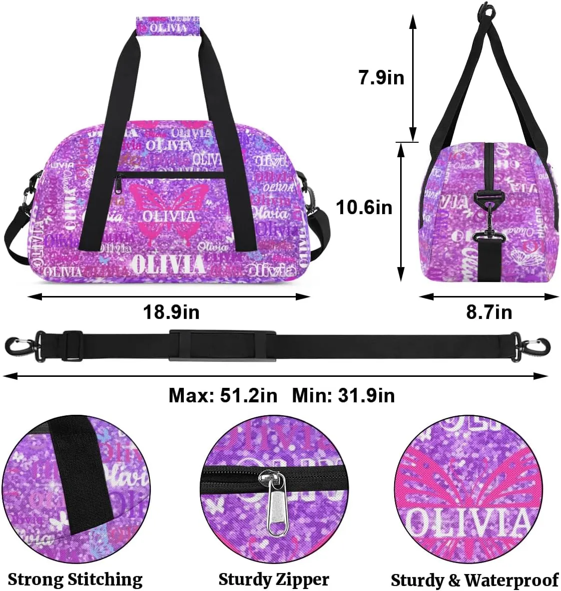 Personalized Dance Bag with Butterfly and Names, Cheerleader Bag Gym Sport Duffel Bag Weekender Bags Travel Duffel Bag, Shiny Stars Lavender Purple Glittering