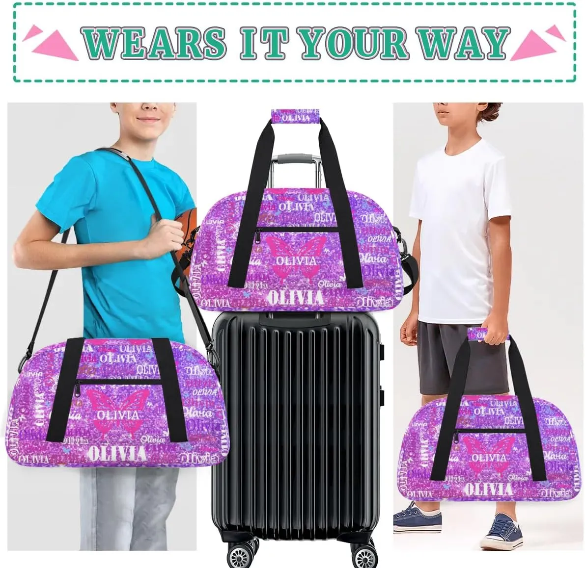 Personalized Dance Bag with Butterfly and Names, Cheerleader Bag Gym Sport Duffel Bag Weekender Bags Travel Duffel Bag, Shiny Stars Lavender Purple Glittering