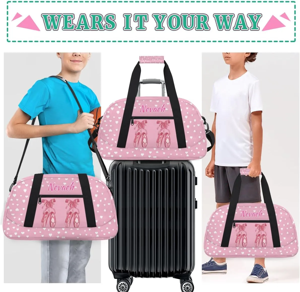 Personalized Dance Duffle Bag for Women Girls, Custom Duffel Bag Toddler Workout Gym Bag, Pink Ballet Shoes with White Love Hearts Pattern, Pink Background