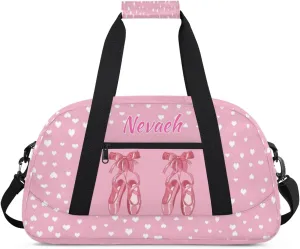 Personalized Dance Duffle Bag for Women Girls, Custom Duffel Bag Toddler Workout Gym Bag, Pink Ballet Shoes with White Love Hearts Pattern, Pink Background
