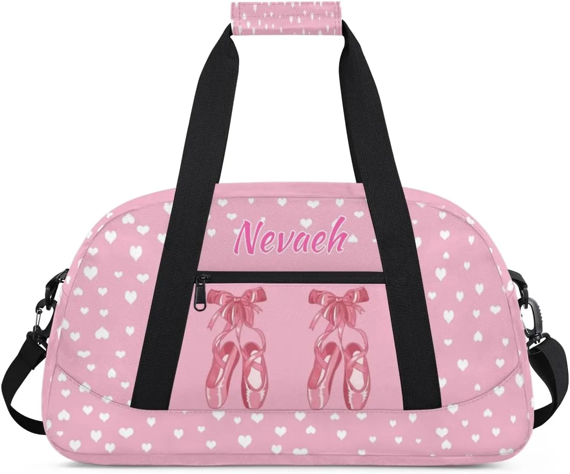 Personalized Dance Duffle Bag for Women Girls, Custom Duffel Bag Toddler Workout Gym Bag, Pink Ballet Shoes with White Love Hearts Pattern, Pink Background