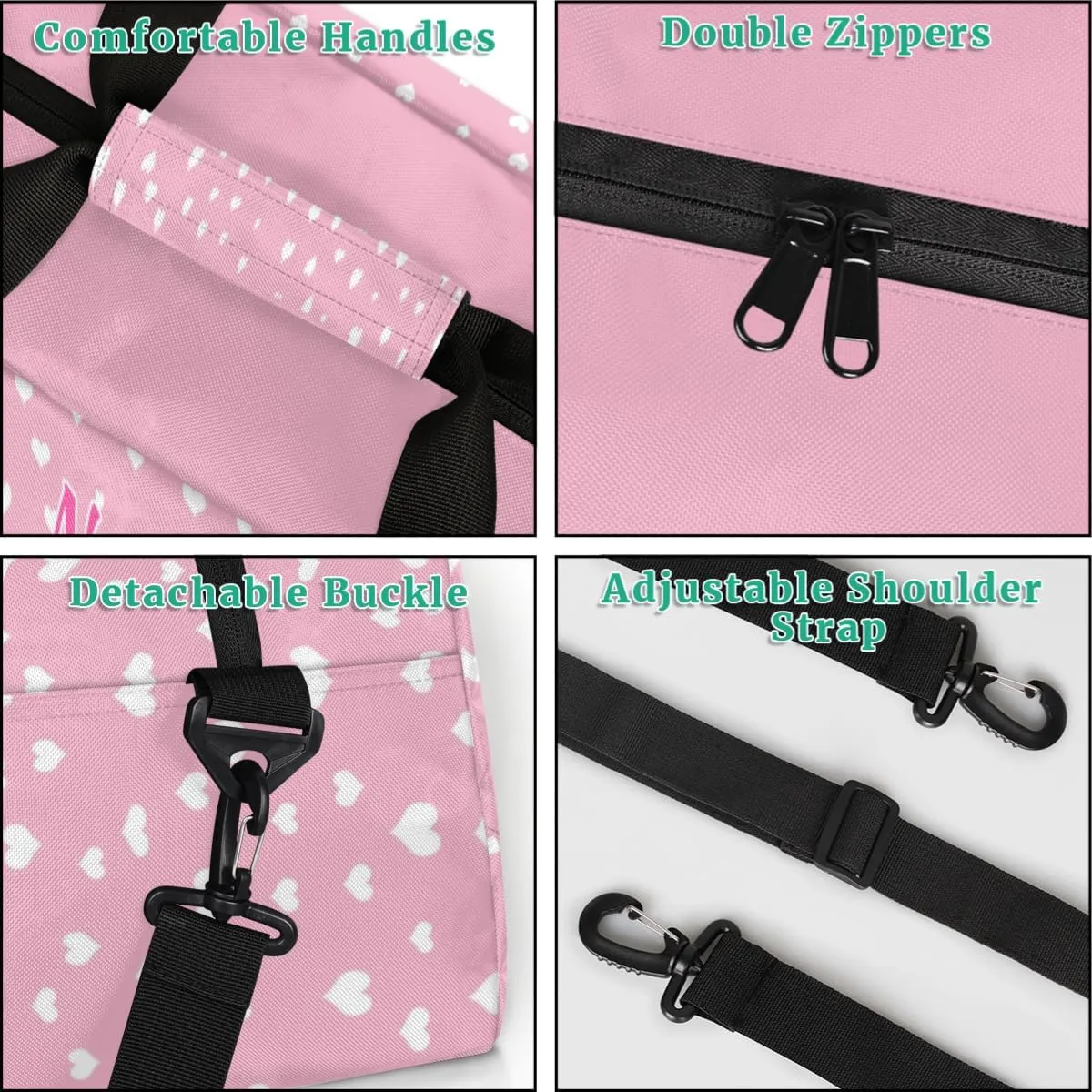 Personalized Dance Duffle Bag for Women Girls, Custom Duffel Bag Toddler Workout Gym Bag, Pink Ballet Shoes with White Love Hearts Pattern, Pink Background