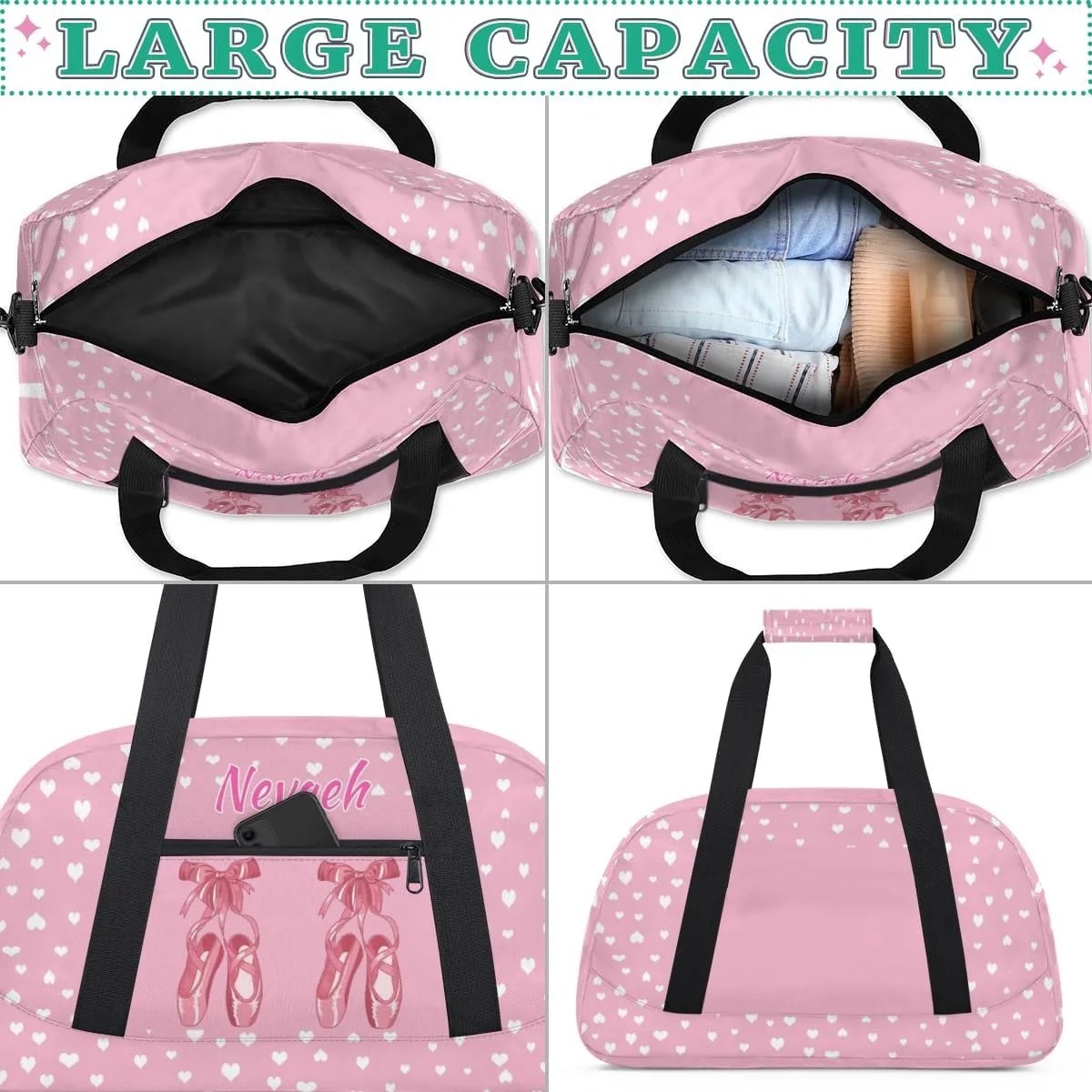 Personalized Dance Duffle Bag for Women Girls, Custom Duffel Bag Toddler Workout Gym Bag, Pink Ballet Shoes with White Love Hearts Pattern, Pink Background
