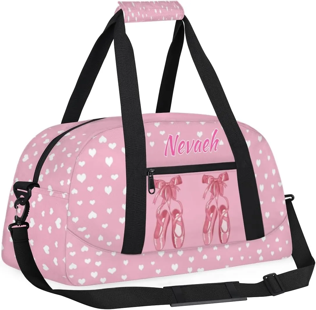 Personalized Dance Duffle Bag for Women Girls, Custom Duffel Bag Toddler Workout Gym Bag, Pink Ballet Shoes with White Love Hearts Pattern, Pink Background