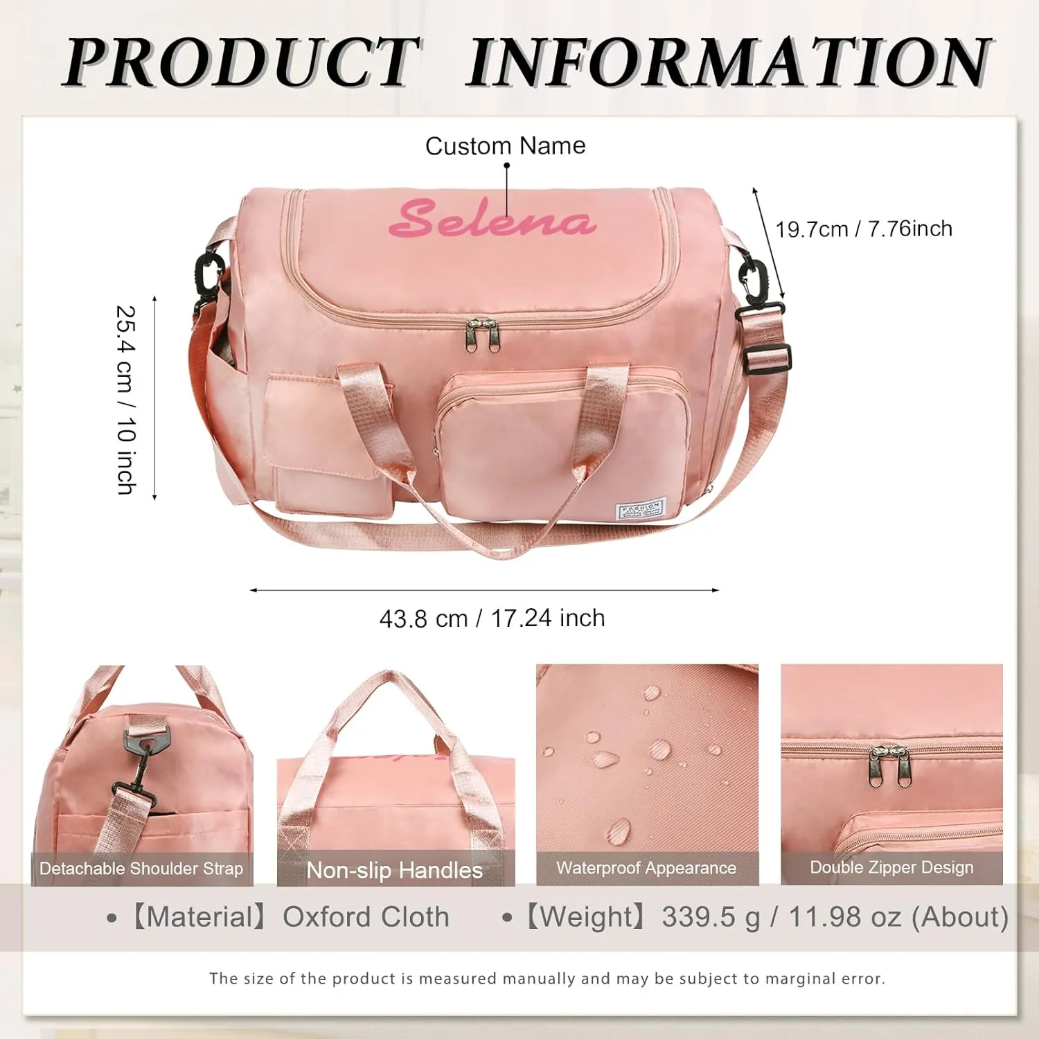 Personalized Duffel Bag | Custom Name Gym Bag with Shoes Pockets, Oxford Cloth Sports Bag Weekender Overnight Traveling Bag for Women Men(Pink)