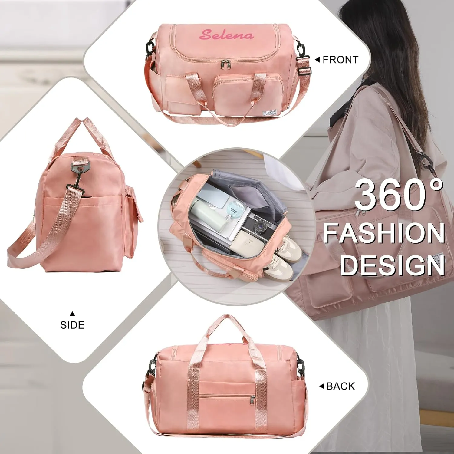 Personalized Duffel Bag | Custom Name Gym Bag with Shoes Pockets, Oxford Cloth Sports Bag Weekender Overnight Traveling Bag for Women Men(Pink)