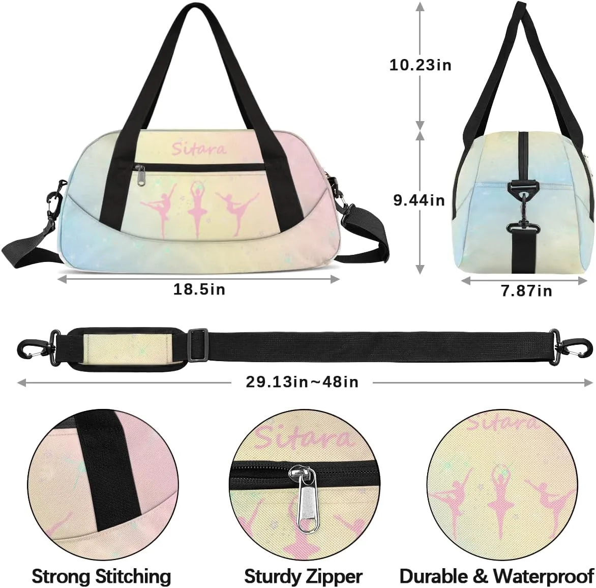 Personalized Gym Bag for Girls Teens, Custom Dance Bag Overnight Small Duffel Bag Carry On Weekend Sports Travel Bag for School Practice Gymnastics Ballet, Color Stars Gradient