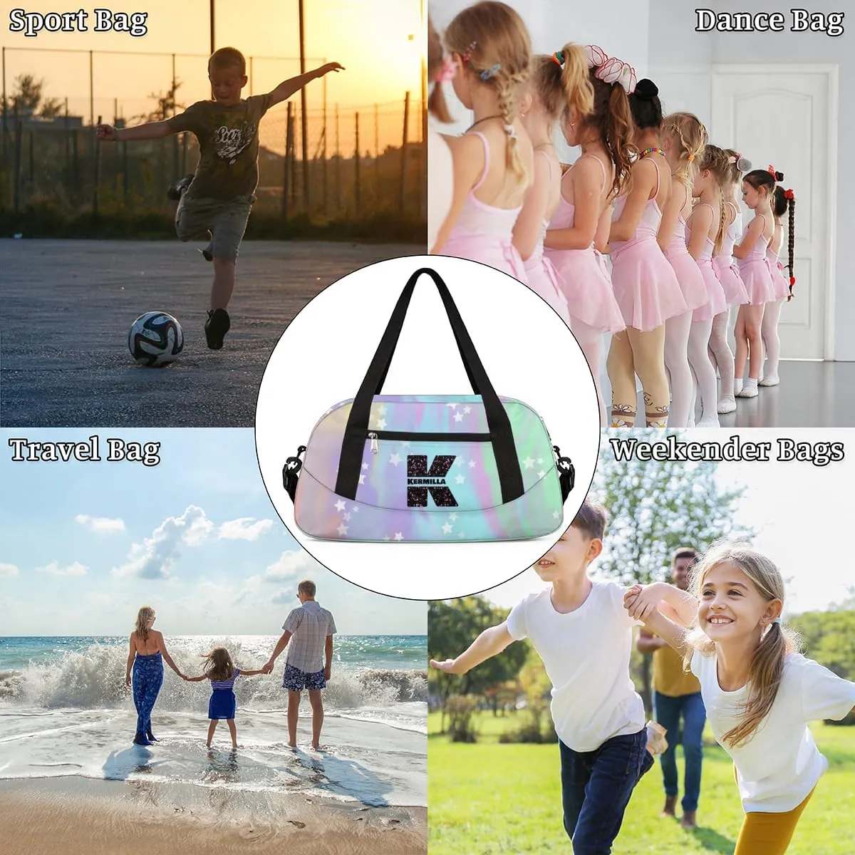 Personalized Gym Bag for Girls Teens, Custom Dance Bag Overnight Small Duffel Bag Carry On Weekend Sports Travel Bag for School Practice Gymnastics Ballet, Colorful Stars-K