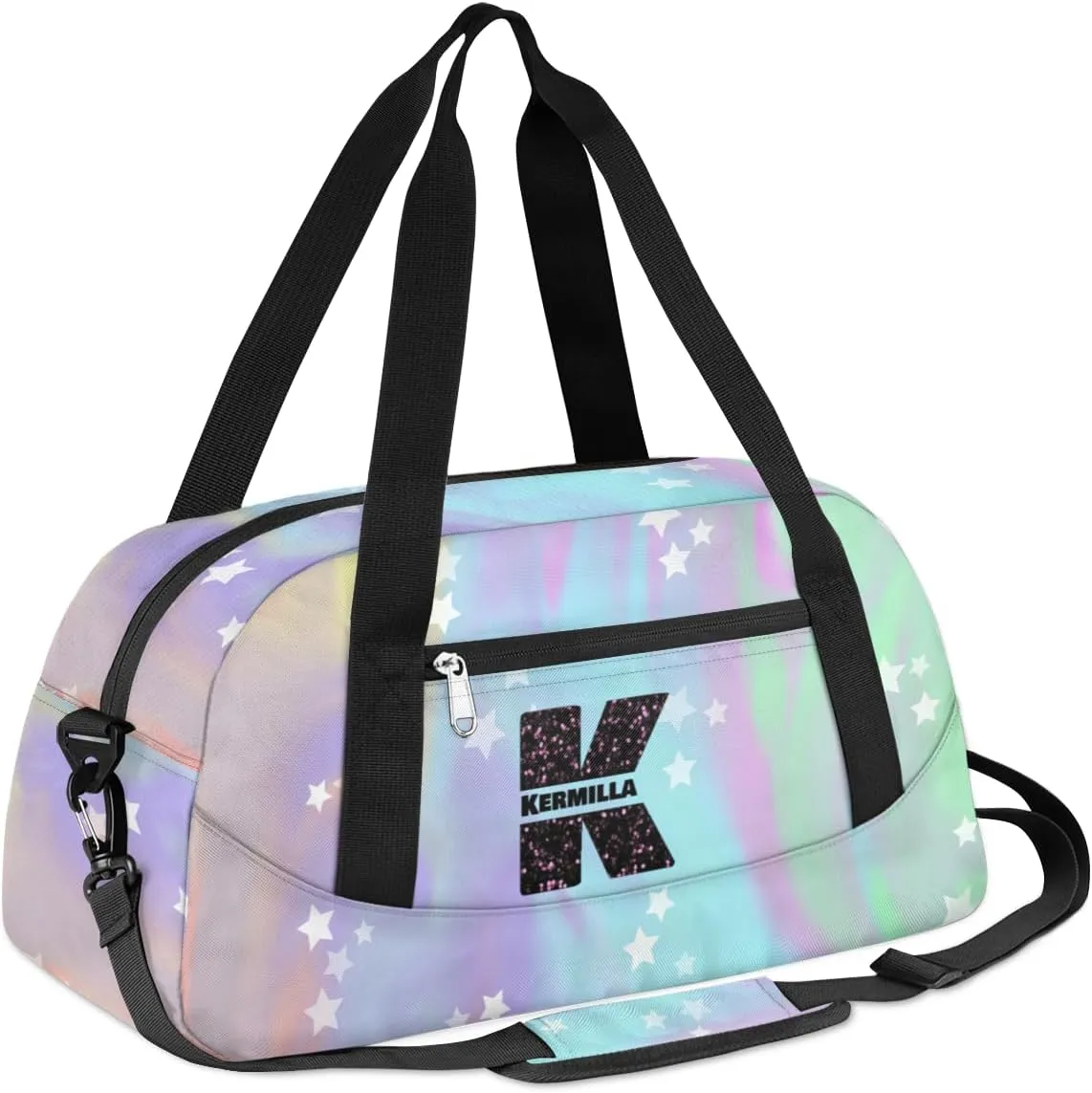Personalized Gym Bag for Girls Teens, Custom Dance Bag Overnight Small Duffel Bag Carry On Weekend Sports Travel Bag for School Practice Gymnastics Ballet, Colorful Stars-K