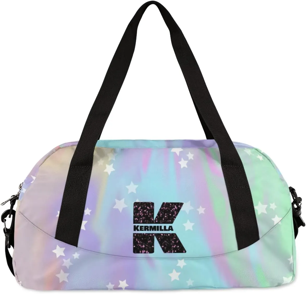 Personalized Gym Bag for Girls Teens, Custom Dance Bag Overnight Small Duffel Bag Carry On Weekend Sports Travel Bag for School Practice Gymnastics Ballet, Colorful Stars-K