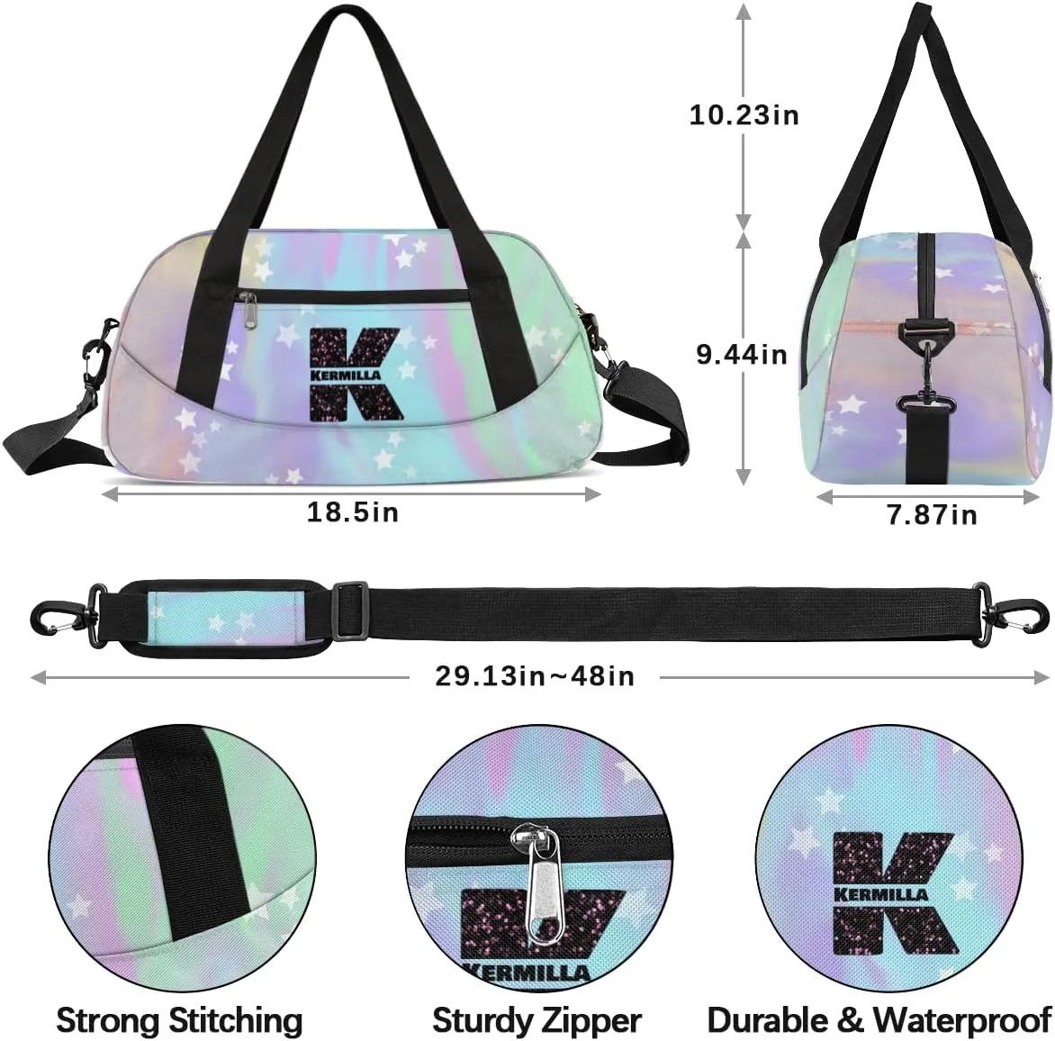 Personalized Gym Bag for Girls Teens, Custom Dance Bag Overnight Small Duffel Bag Carry On Weekend Sports Travel Bag for School Practice Gymnastics Ballet, Colorful Stars-K
