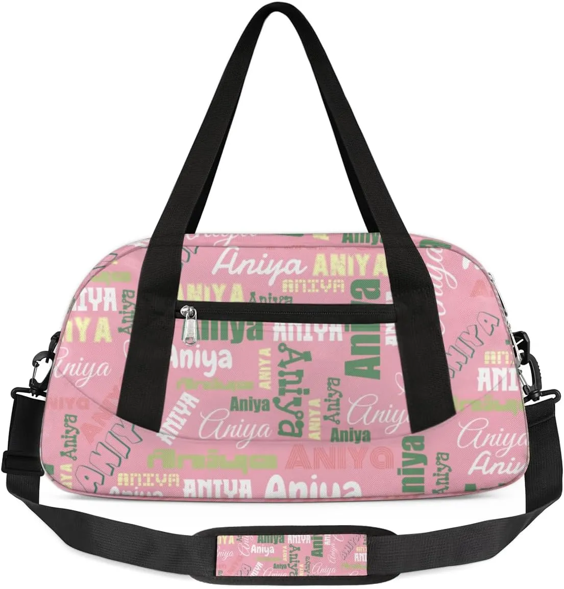 Personalized Gym Bag for Girls Teens, Custom Dance Bag Overnight Small Duffel Bag Carry On Weekend Sports Travel Bag for School Practice Gymnastics Ballet, Dense Text Pink Multicolor