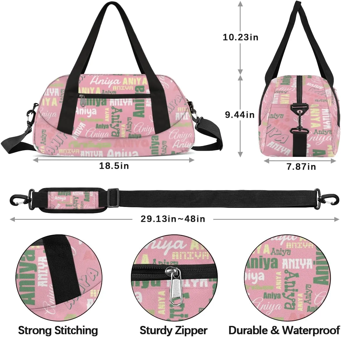Personalized Gym Bag for Girls Teens, Custom Dance Bag Overnight Small Duffel Bag Carry On Weekend Sports Travel Bag for School Practice Gymnastics Ballet, Dense Text Pink Multicolor