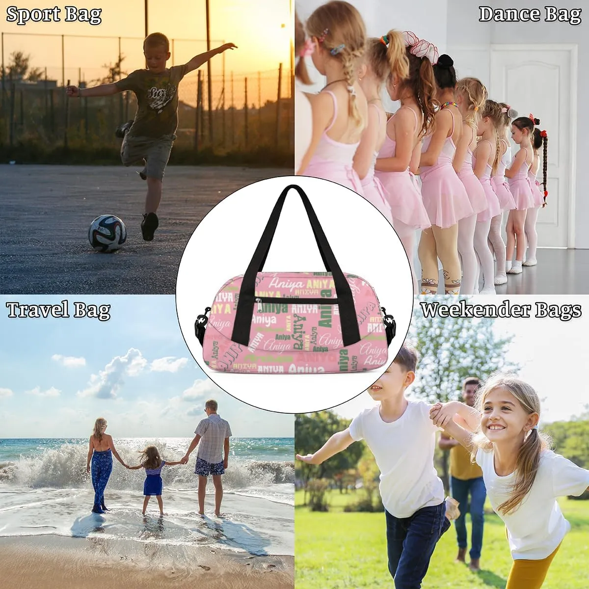 Personalized Gym Bag for Girls Teens, Custom Dance Bag Overnight Small Duffel Bag Carry On Weekend Sports Travel Bag for School Practice Gymnastics Ballet, Dense Text Pink Multicolor