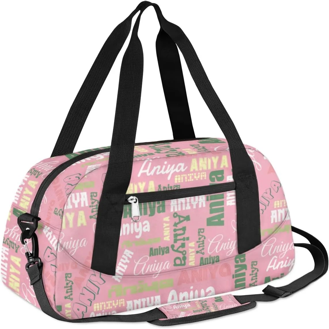 Personalized Gym Bag for Girls Teens, Custom Dance Bag Overnight Small Duffel Bag Carry On Weekend Sports Travel Bag for School Practice Gymnastics Ballet, Dense Text Pink Multicolor