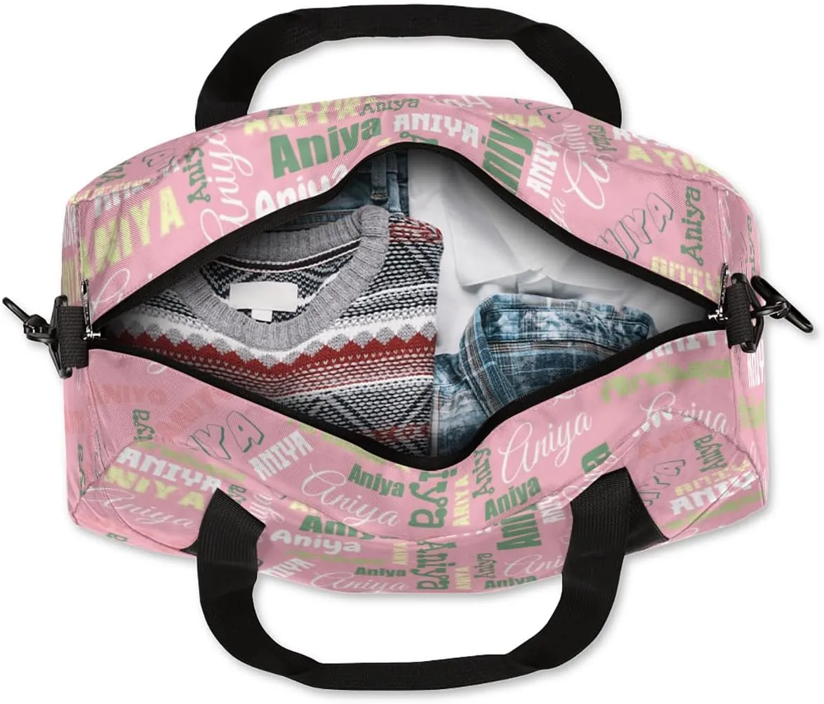 Personalized Gym Bag for Girls Teens, Custom Dance Bag Overnight Small Duffel Bag Carry On Weekend Sports Travel Bag for School Practice Gymnastics Ballet, Dense Text Pink Multicolor