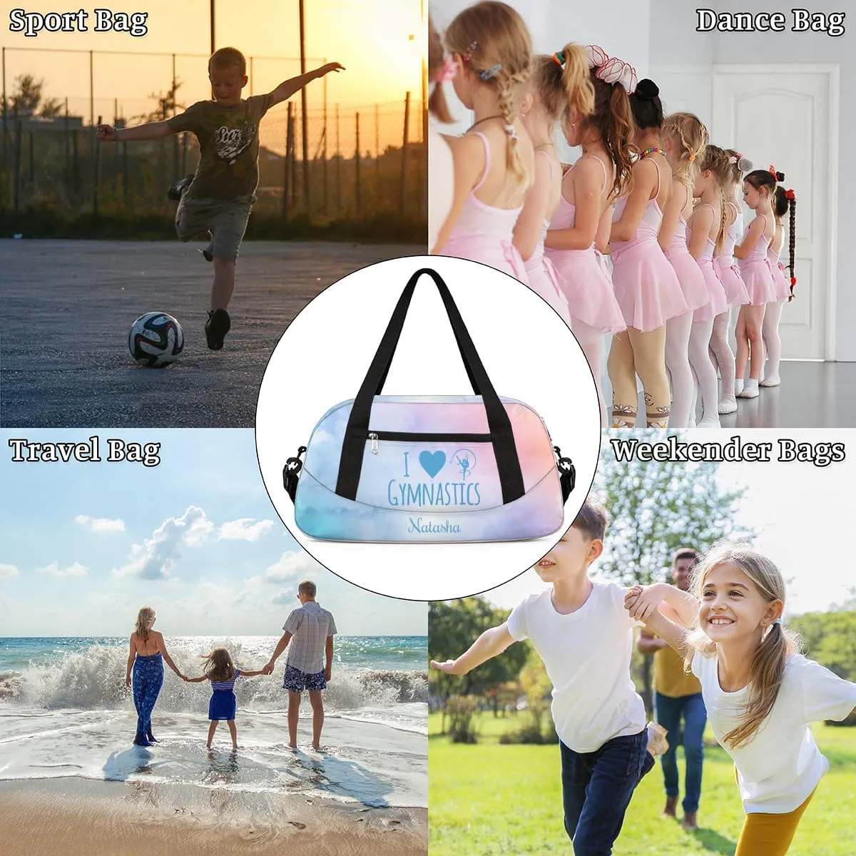 Personalized Gym Bag for Girls Teens, Custom Dance Bag Overnight Small Duffel Bag Carry On Weekend Sports Travel Bag for School Practice Gymnastics Ballet, Gymnastics Blue Pink Oil Painting