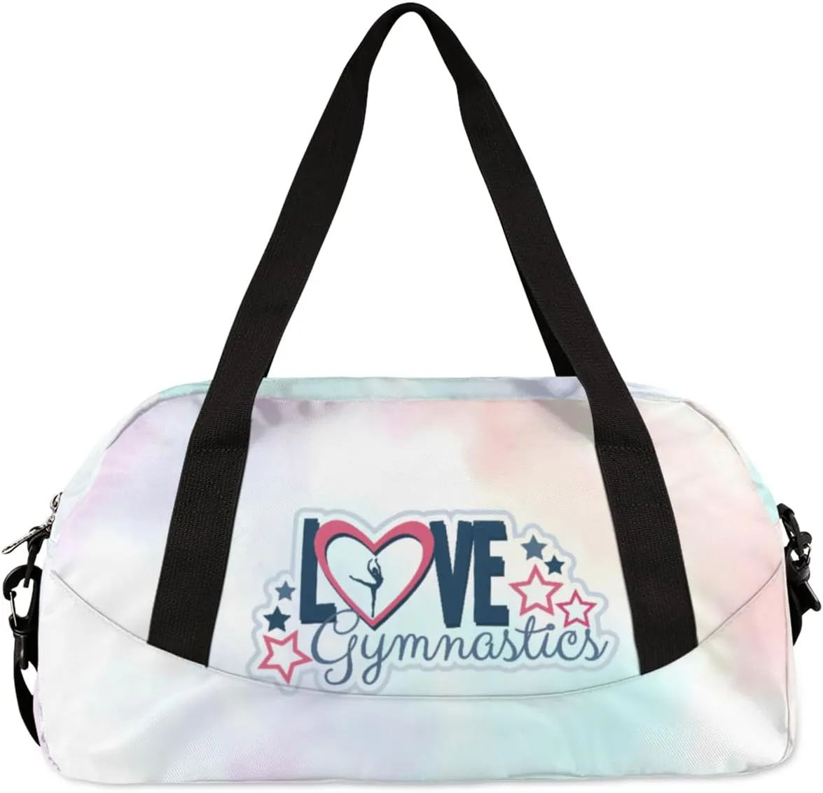 Personalized Gym Bag for Girls Teens, Custom Dance Bag Overnight Small Duffel Bag Carry On Weekend Sports Travel Bag for School Practice Gymnastics Ballet, Gymnastics Colorful Clouds White
