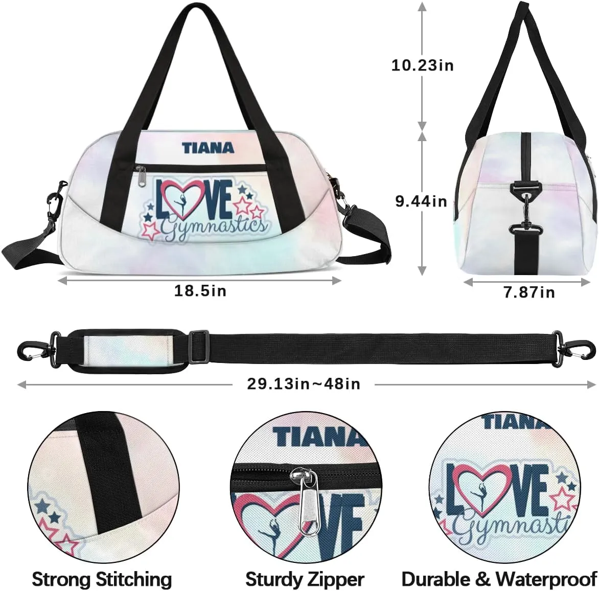 Personalized Gym Bag for Girls Teens, Custom Dance Bag Overnight Small Duffel Bag Carry On Weekend Sports Travel Bag for School Practice Gymnastics Ballet, Gymnastics Colorful Clouds White