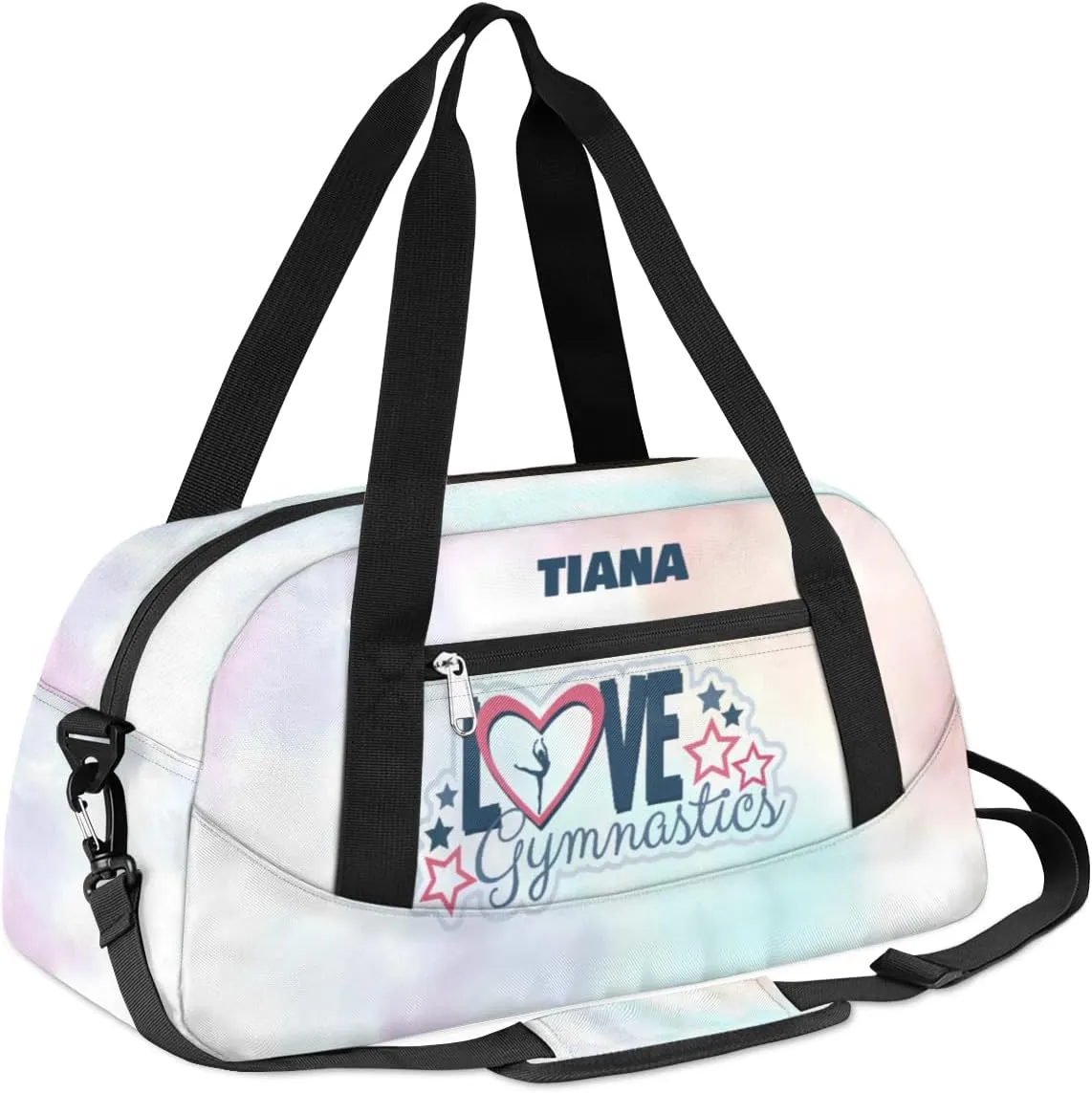 Personalized Gym Bag for Girls Teens, Custom Dance Bag Overnight Small Duffel Bag Carry On Weekend Sports Travel Bag for School Practice Gymnastics Ballet, Gymnastics Colorful Clouds White