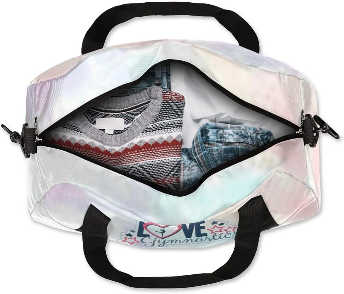 Personalized Gym Bag for Girls Teens, Custom Dance Bag Overnight Small Duffel Bag Carry On Weekend Sports Travel Bag for School Practice Gymnastics Ballet, Gymnastics Colorful Clouds White
