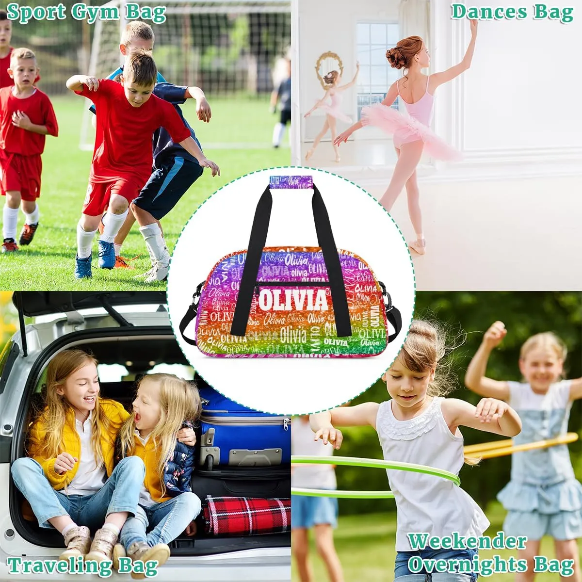 Personalized Gymnastics Bag Dance Bag, Custom Large Sport Duffel Bag Weekender Bag Travel Duffel Bag, Bright Colorful Rainbow Red Green Purple Sequins Glitter