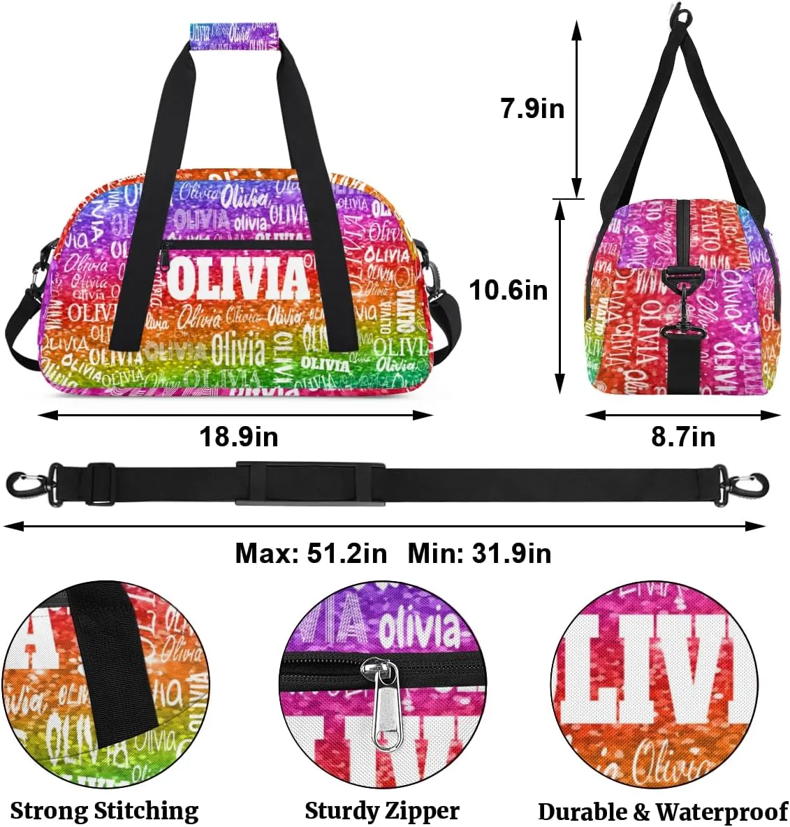 Personalized Gymnastics Bag Dance Bag, Custom Large Sport Duffel Bag Weekender Bag Travel Duffel Bag, Bright Colorful Rainbow Red Green Purple Sequins Glitter