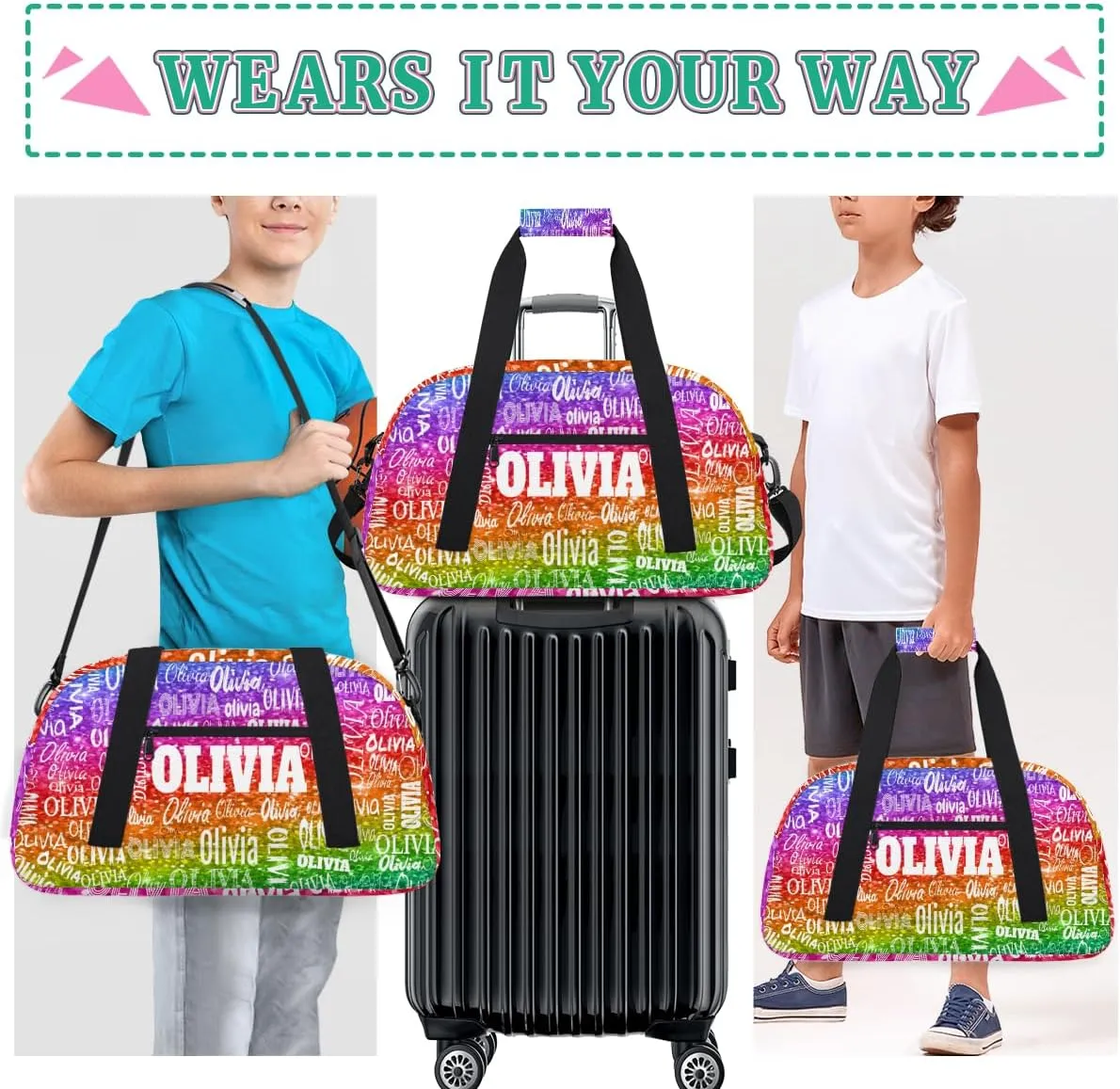 Personalized Gymnastics Bag Dance Bag, Custom Large Sport Duffel Bag Weekender Bag Travel Duffel Bag, Bright Colorful Rainbow Red Green Purple Sequins Glitter