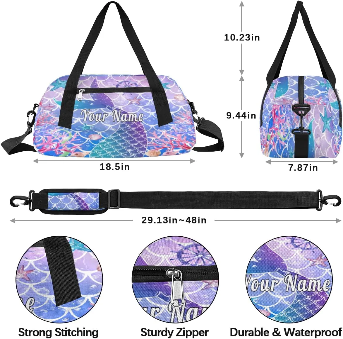 Personalized Kids Duffel Bag Galaxy Ocean Mermaid Tail Scale,Custom Sport Gym Bag for Boys Girls,WWeekender Overnight Bags Travel Duffel Bag,Customized Kids Gift