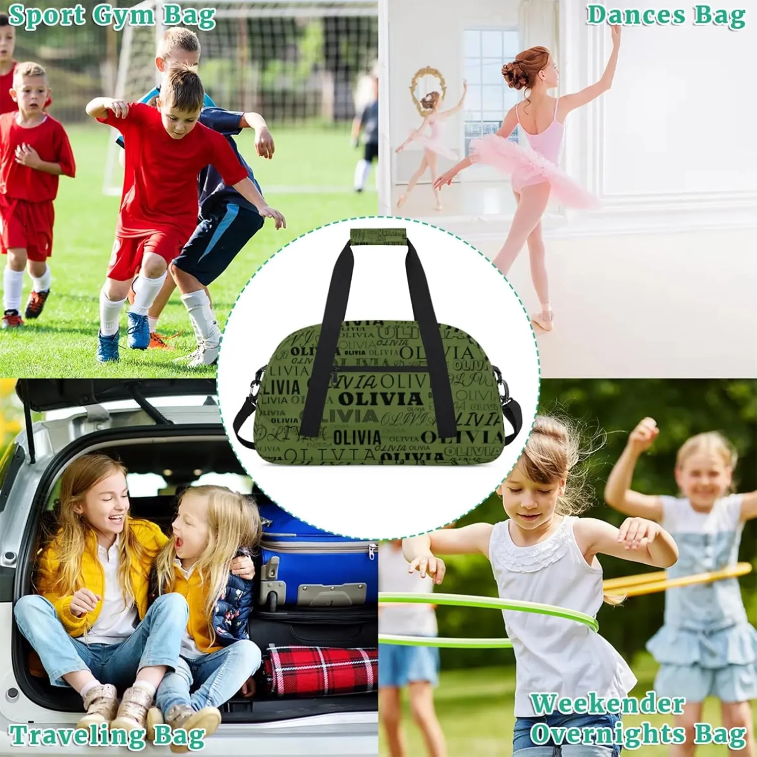 Personalized Kids Duffel Bag with Your Name Lightweight Waterproof Custom Sports Gym Bag with Front Zipper Pocket Foldable Weekender Overnight Bag for School Practice Gymnastic Ballet Dark Olive Green
