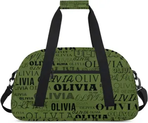 Personalized Kids Duffel Bag with Your Name Lightweight Waterproof Custom Sports Gym Bag with Front Zipper Pocket Foldable Weekender Overnight Bag for School Practice Gymnastic Ballet Dark Olive Green