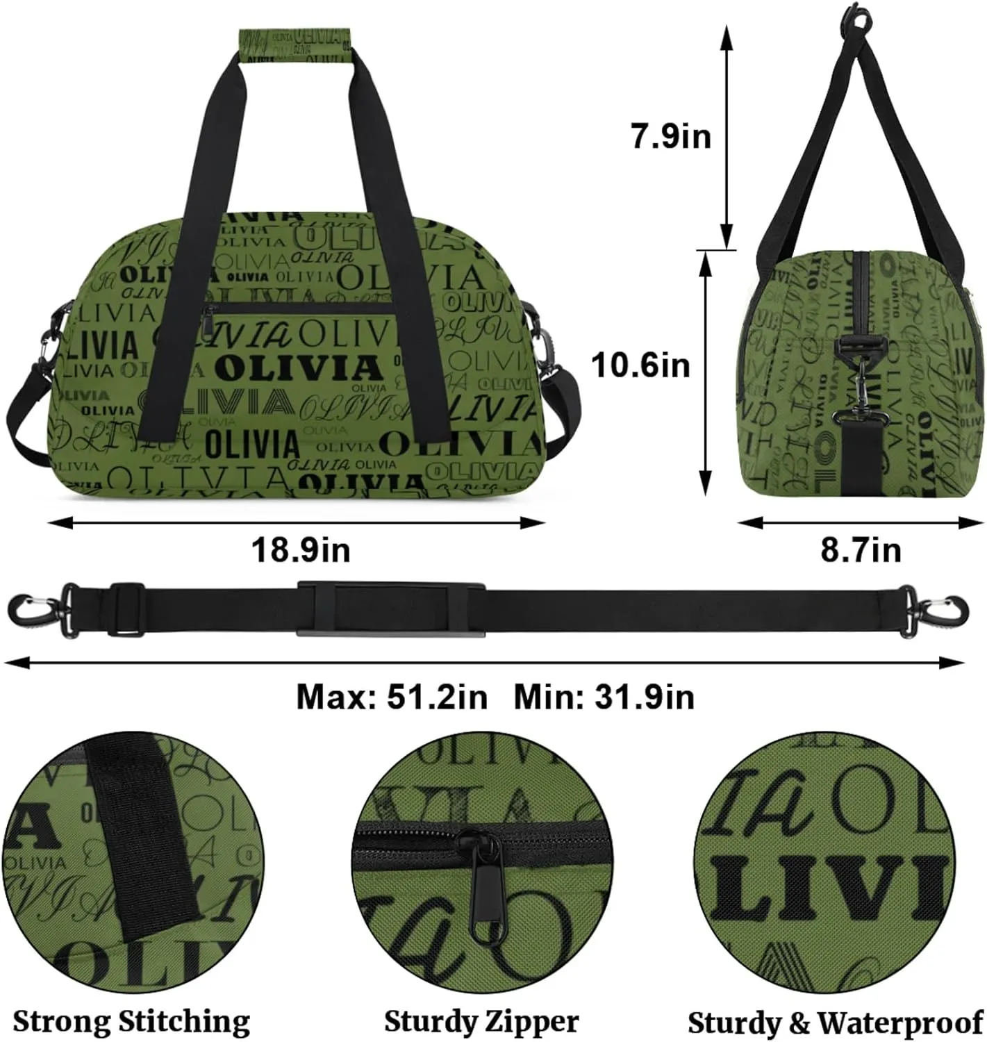 Personalized Kids Duffel Bag with Your Name Lightweight Waterproof Custom Sports Gym Bag with Front Zipper Pocket Foldable Weekender Overnight Bag for School Practice Gymnastic Ballet Dark Olive Green