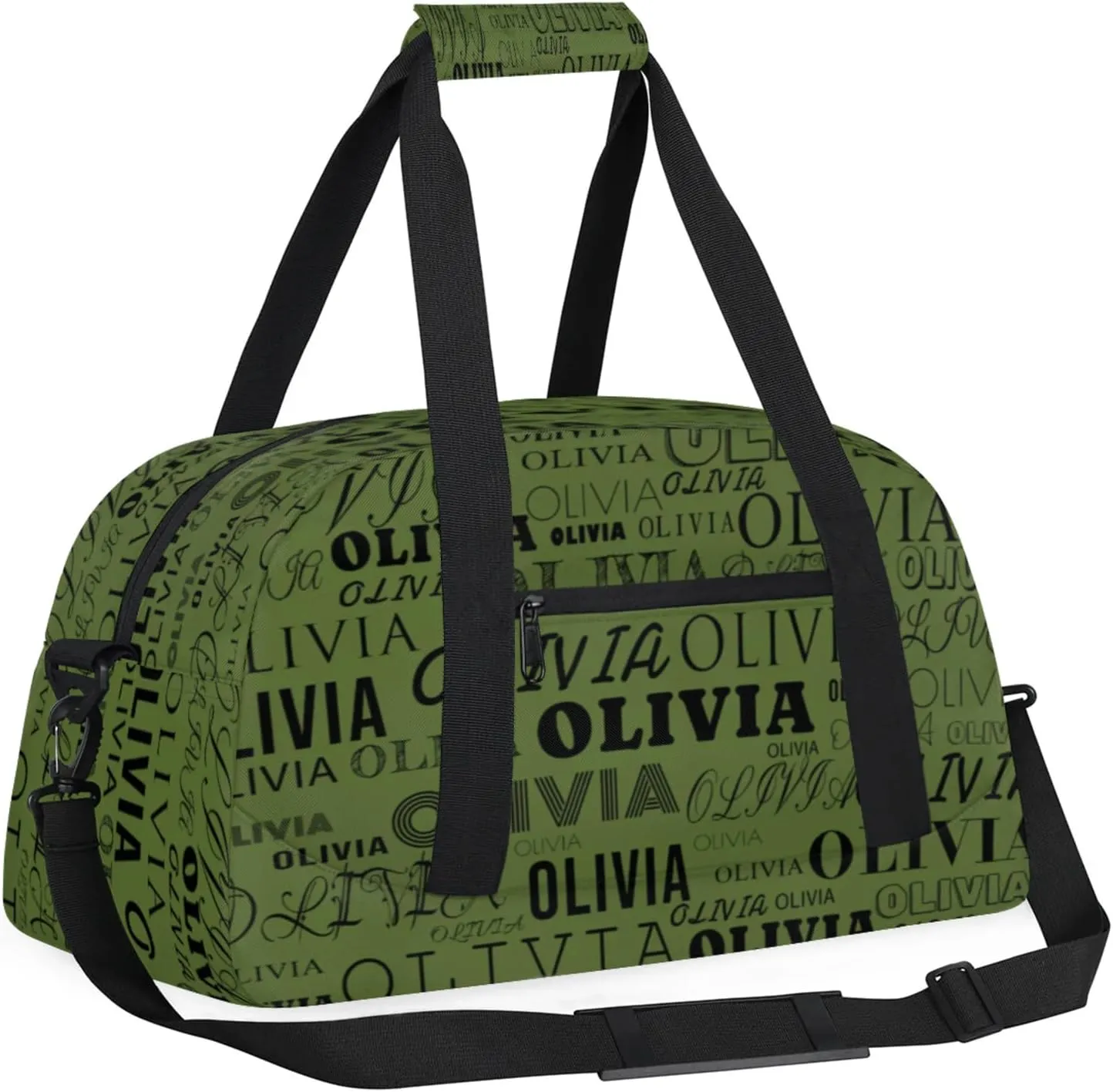 Personalized Kids Duffel Bag with Your Name Lightweight Waterproof Custom Sports Gym Bag with Front Zipper Pocket Foldable Weekender Overnight Bag for School Practice Gymnastic Ballet Dark Olive Green