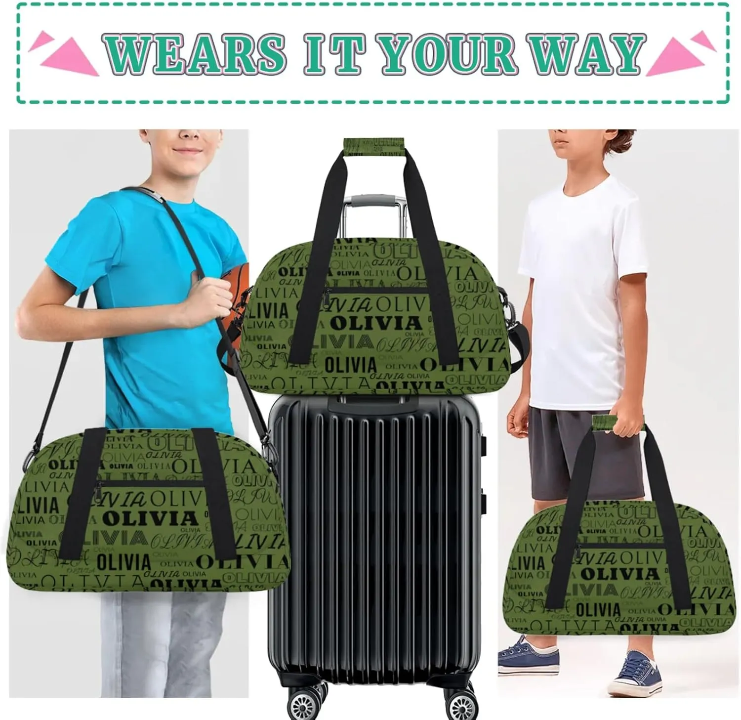 Personalized Kids Duffel Bag with Your Name Lightweight Waterproof Custom Sports Gym Bag with Front Zipper Pocket Foldable Weekender Overnight Bag for School Practice Gymnastic Ballet Dark Olive Green