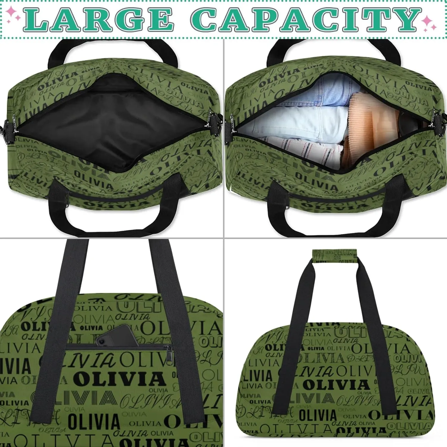 Personalized Kids Duffel Bag with Your Name Lightweight Waterproof Custom Sports Gym Bag with Front Zipper Pocket Foldable Weekender Overnight Bag for School Practice Gymnastic Ballet Dark Olive Green