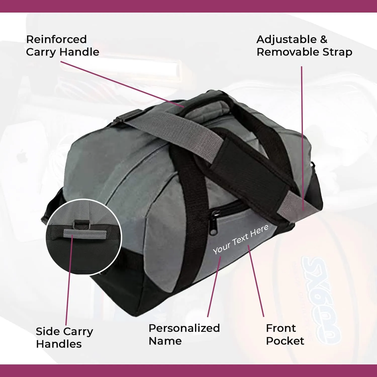 Personalized Passion Small Duffle Bag for Boys and Girls - Perfect Sized 14” Two Toned Travel Duffle - Personalized Name Sports Gym Bag for Storage - Gray