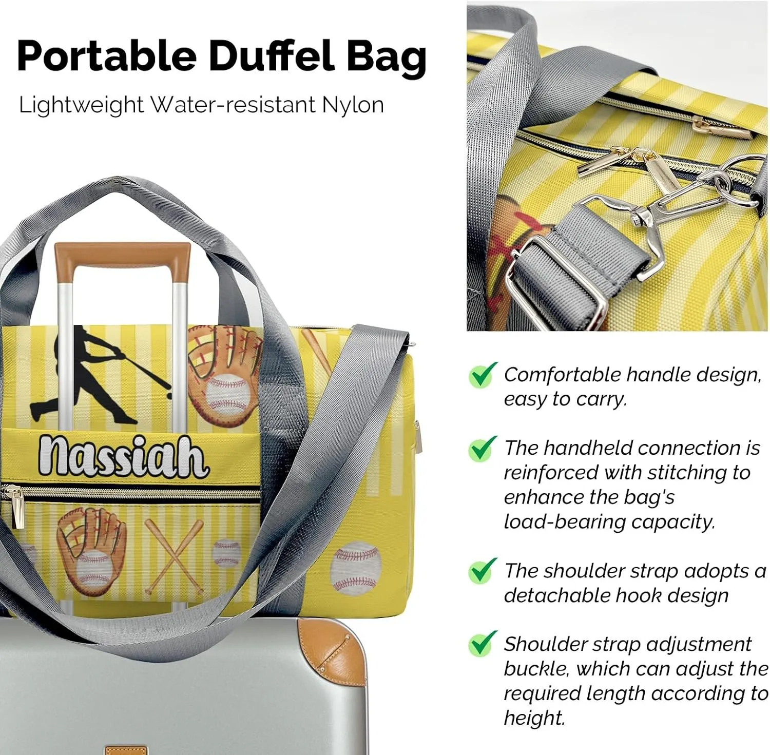 Personalized Sport Player Duffle Bag for Travel,Custom Carry on Bag Baseball Player Stripes Yellow Travel Bags Overnight Weekend Gym Bag Carry On Luggage Bags