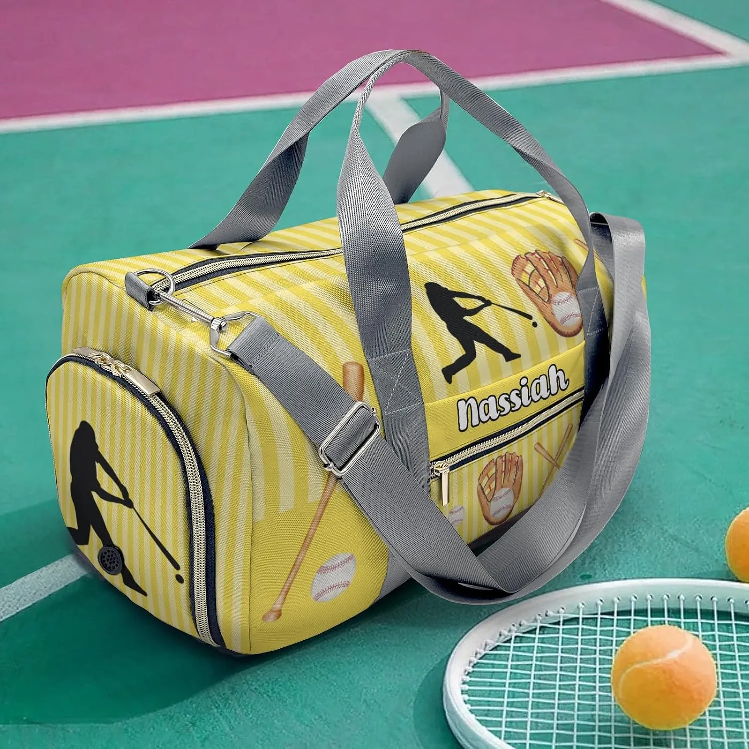 Personalized Sport Player Duffle Bag for Travel,Custom Carry on Bag Baseball Player Stripes Yellow Travel Bags Overnight Weekend Gym Bag Carry On Luggage Bags