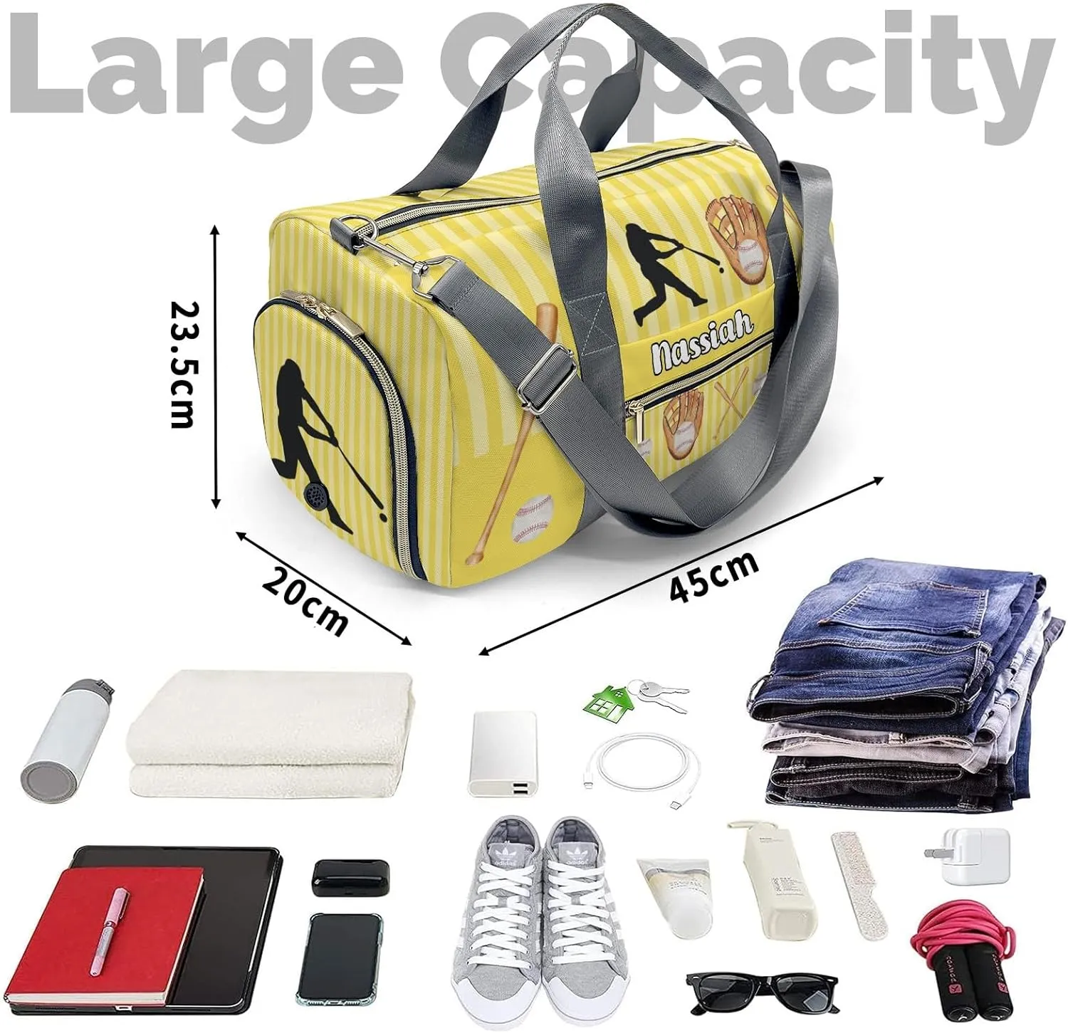 Personalized Sport Player Duffle Bag for Travel,Custom Carry on Bag Baseball Player Stripes Yellow Travel Bags Overnight Weekend Gym Bag Carry On Luggage Bags