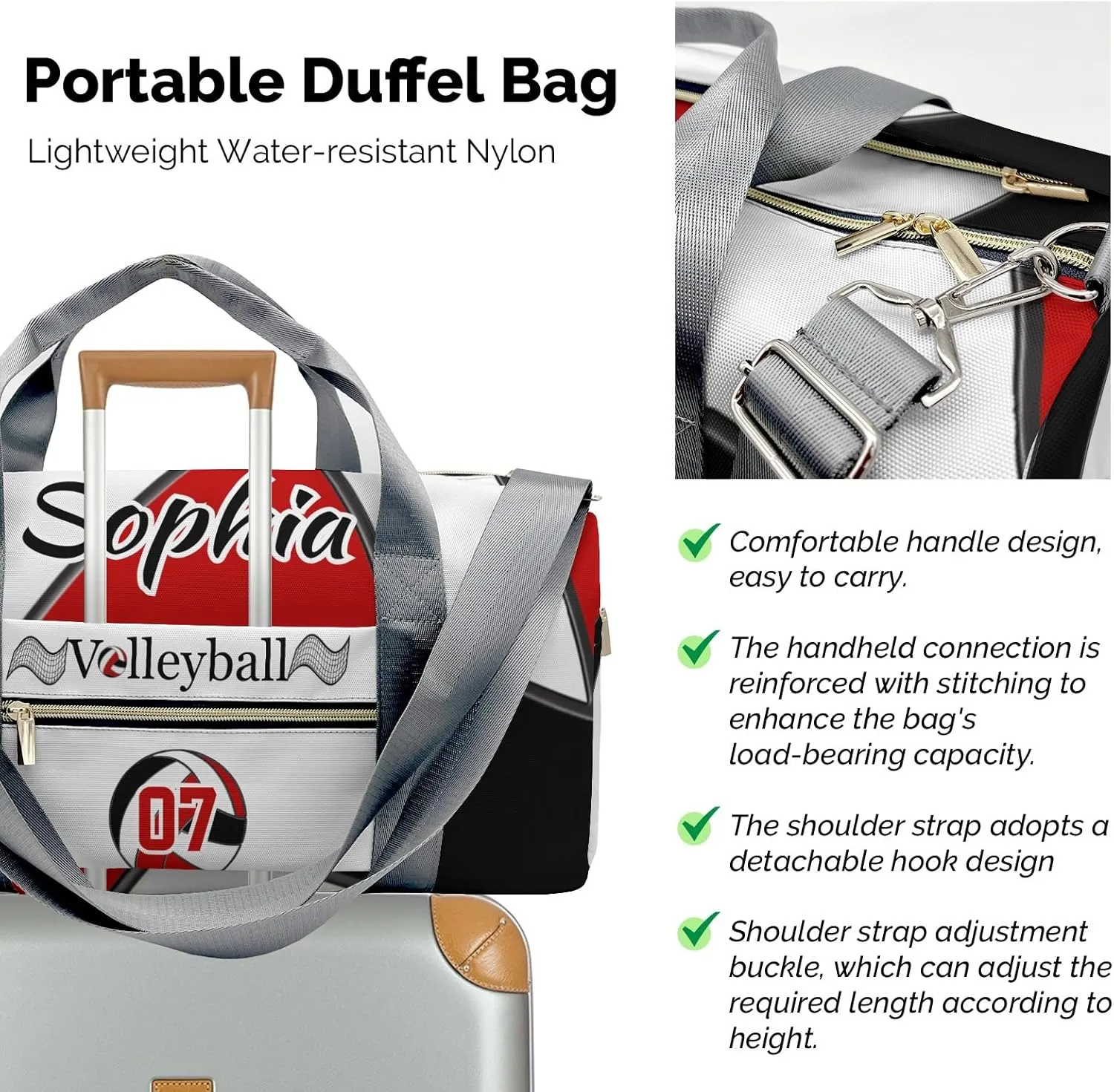Personalized Volleyball Black Red Duffel Bag Travel Bag with Shoes Compartment Gym Yoga Sport Men Women Waterproof with Name