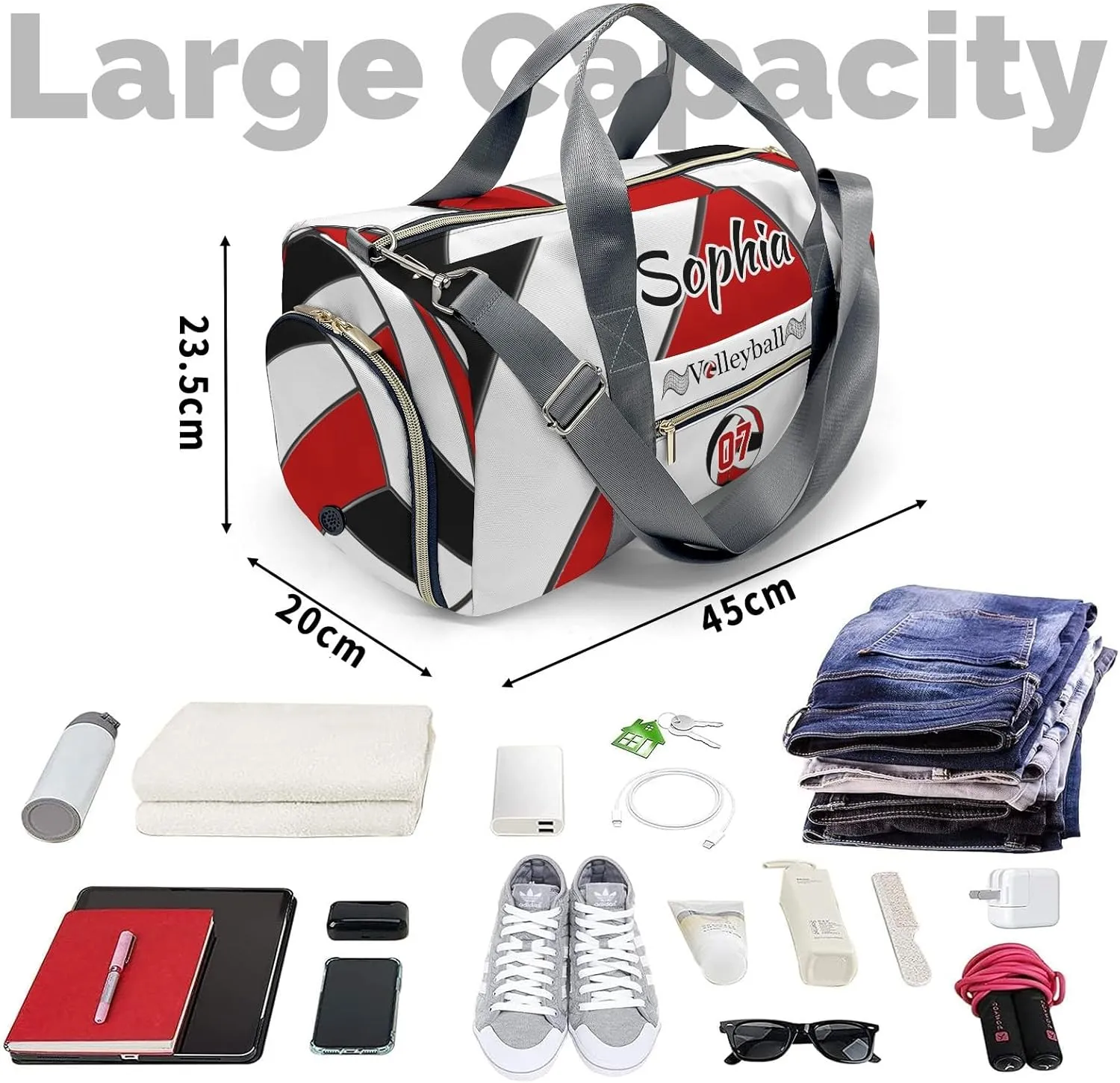 Personalized Volleyball Black Red Duffel Bag Travel Bag with Shoes Compartment Gym Yoga Sport Men Women Waterproof with Name