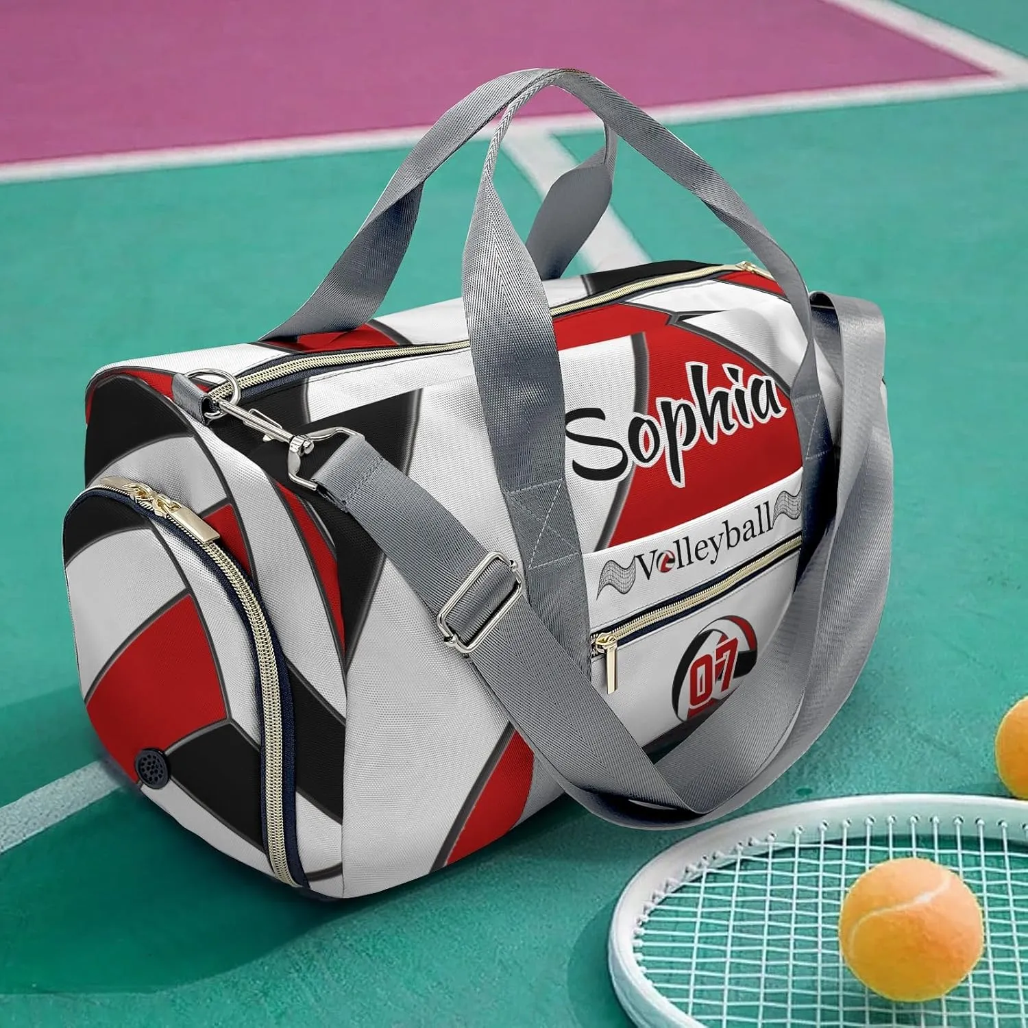 Personalized Volleyball Black Red Duffel Bag Travel Bag with Shoes Compartment Gym Yoga Sport Men Women Waterproof with Name