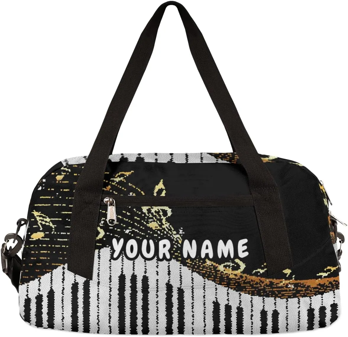 Piano Keyboard Music Notes Personalized Kids Duffel Bag for Girls Boys, Piano Debris Custom Name Overnight Small Duffel Bag Carry On Weekend Sports Travel Bag for School Practice Gymnastics Ballet