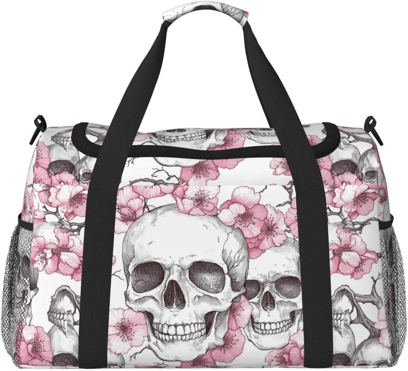 Pink Cherry Blossoms Skulls Duffle Bag Foldable Travel Tote Bag Carry On Large Weekender Overnight Bags Waterproof Gym Bag For Women Men