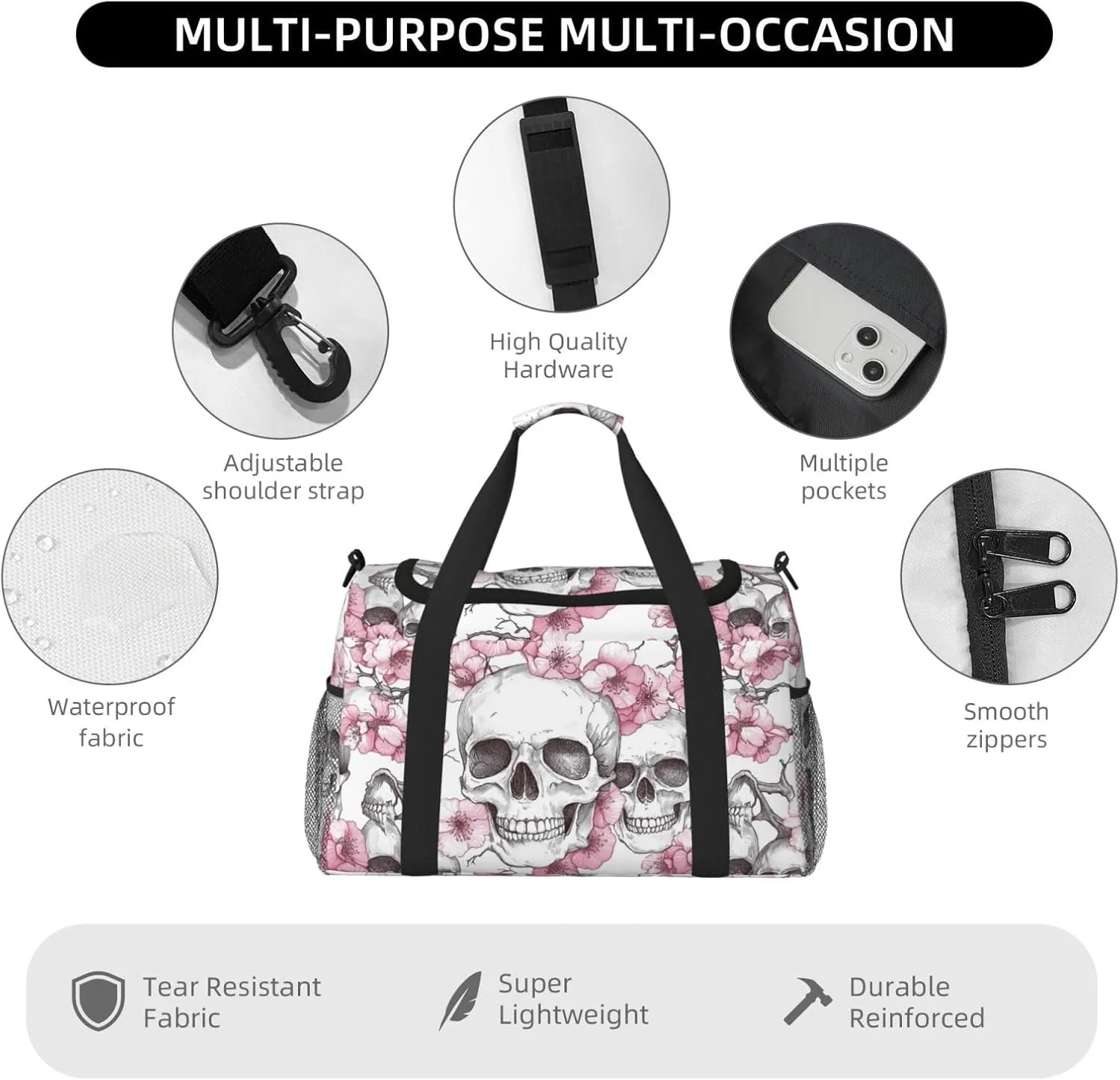 Pink Cherry Blossoms Skulls Duffle Bag Foldable Travel Tote Bag Carry On Large Weekender Overnight Bags Waterproof Gym Bag For Women Men