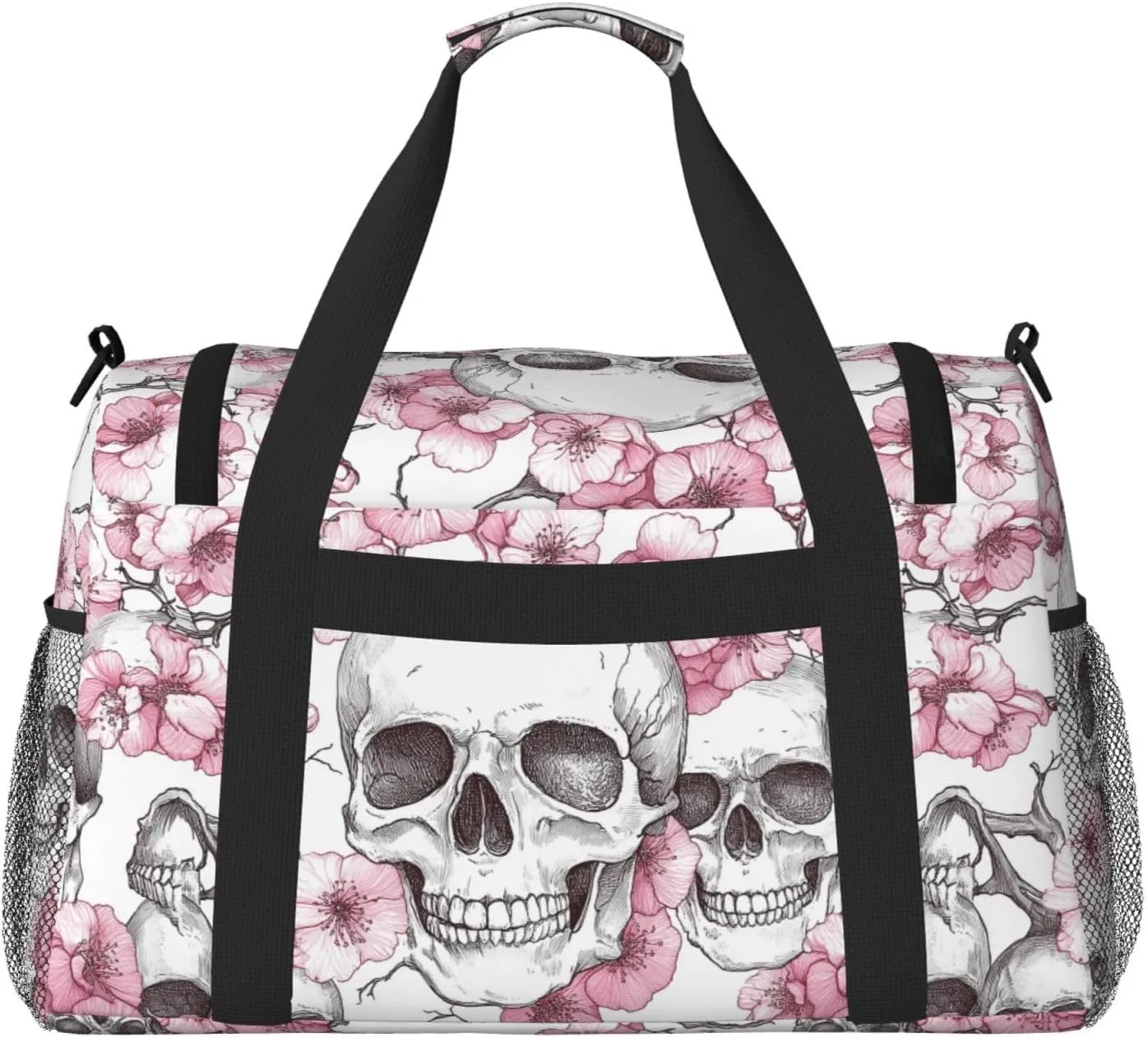 Pink Cherry Blossoms Skulls Duffle Bag Foldable Travel Tote Bag Carry On Large Weekender Overnight Bags Waterproof Gym Bag For Women Men