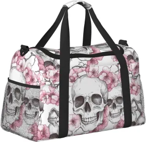 Pink Cherry Blossoms Skulls Duffle Bag Foldable Travel Tote Bag Carry On Large Weekender Overnight Bags Waterproof Gym Bag For Women Men