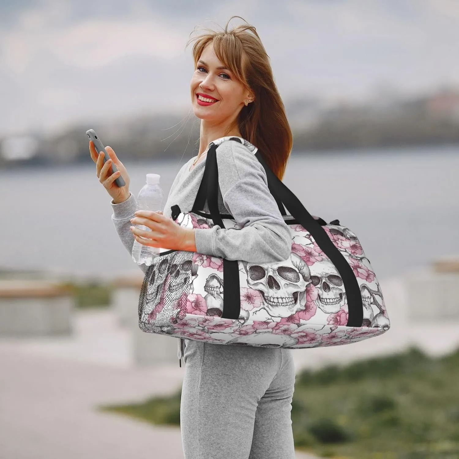 Pink Cherry Blossoms Skulls Duffle Bag Foldable Travel Tote Bag Carry On Large Weekender Overnight Bags Waterproof Gym Bag For Women Men