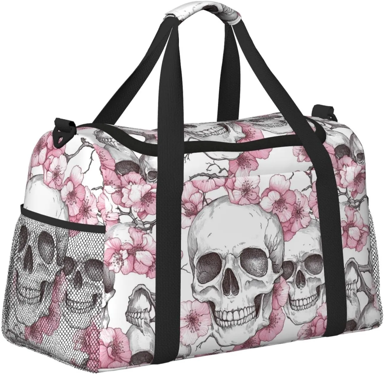 Pink Cherry Blossoms Skulls Duffle Bag Foldable Travel Tote Bag Carry On Large Weekender Overnight Bags Waterproof Gym Bag For Women Men